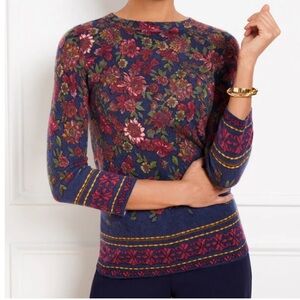 TALBOTS Audrey Navy and Burgundy Stunning Floral 100% Cashmere Crewneck Sweater